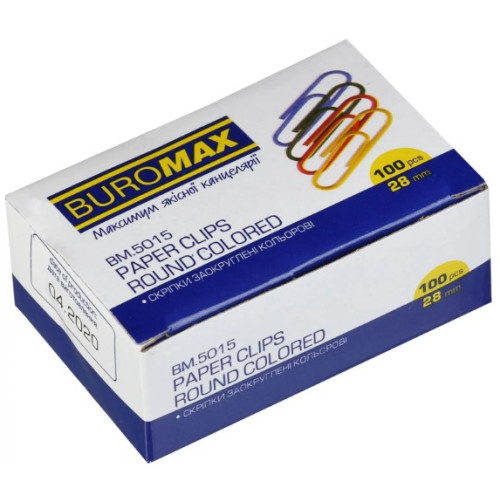 Скріпки канцелярські кольорові круглі Buromax, мікс кольорів, 28 мм, 100 шт., 10 упаковок