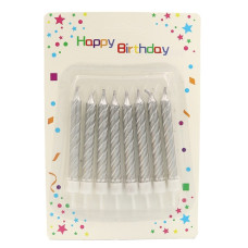 Набір свічок для торта срібло "Happy birthday", 8 шт