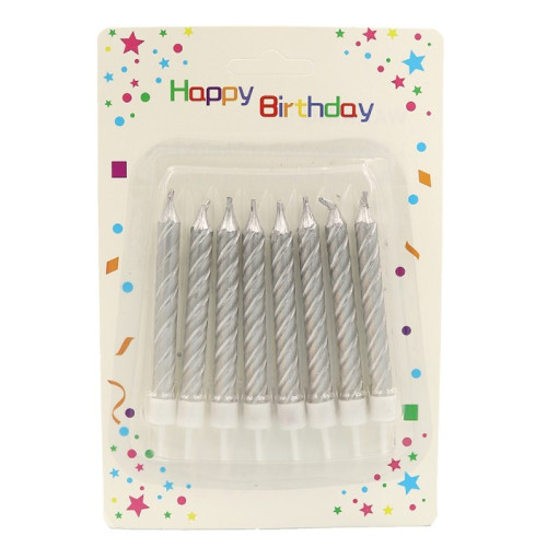 Набір свічок для торта срібло "Happy birthday", 8 шт