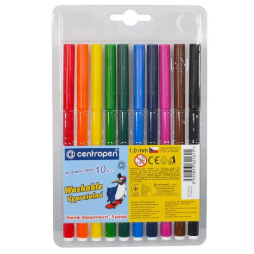 Фломастери на водній основі Washable Centropen, 10 кольорів