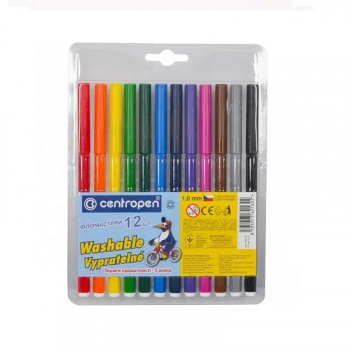 Фломастери на водній основі Washable Centropen, 12 кольорів
