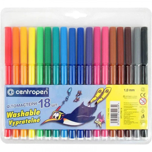 Фломастери на водній основі Washable Centropen, 18 кольорів